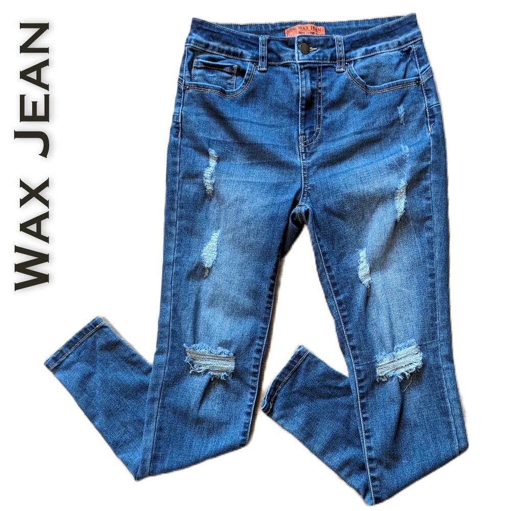 Wax Jean Women's Straight Leg Distressed Blue Jeans